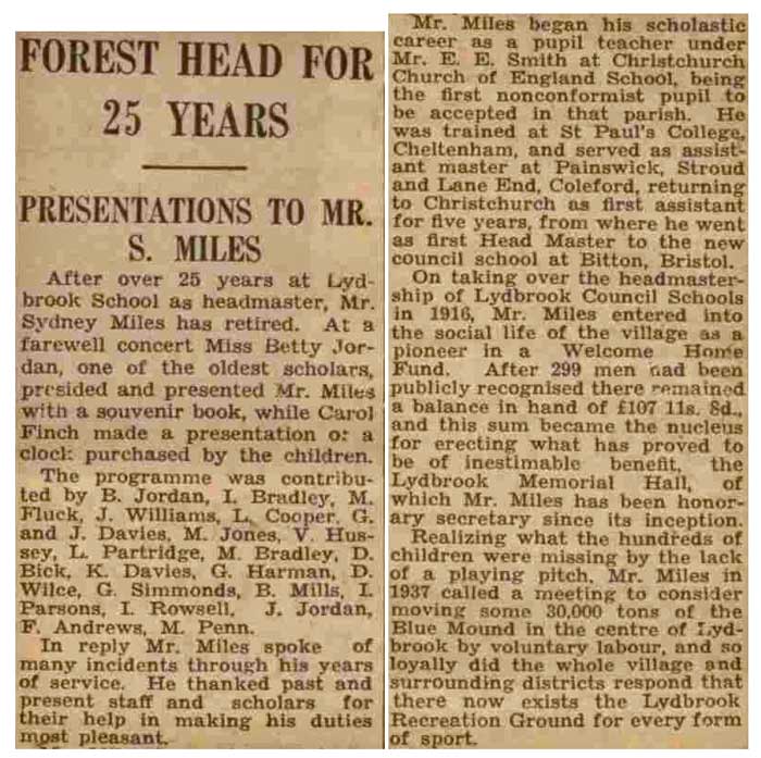 Article about Sydney Miles headmaster of Lydbrook School