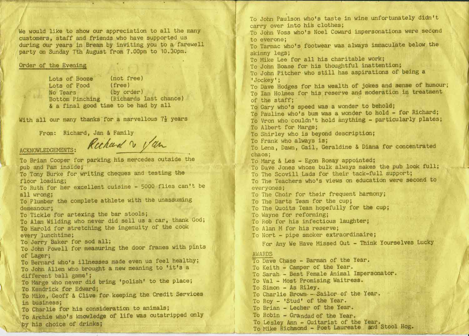 The Winding Wheel pub, farewell leaflet